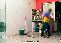 Hot wife Thay Ksada gets out of the shower and greets the delivery man in just a nightgown