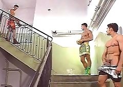 Boxing Gays Wanking On Stairs