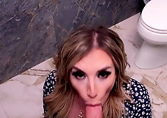 Mia James on her knees sucking stepsons cock