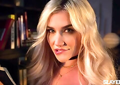 Blonde Skye and her dark-haired lover entwine in passionate lesbian acts across velvet and library