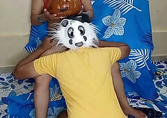 Neighbor in costume seduces her during a wild Halloween party