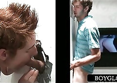 Gay dude sucks straight cock on gloryhole