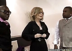 Aged blond woman, Nina Hartley is always in the mood to have sex with ebony boys