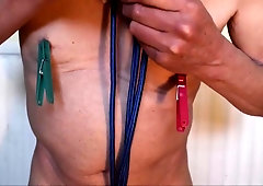 Playing with clothes pegs, ruler and rope