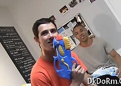 Watch these kinky dudes suck and jerk off their own tight pussies