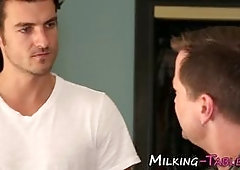 Spa masseuse stroking and sucking