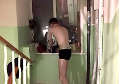 Disrobe nude and ride the elevator