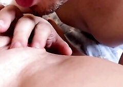 The man from Tinder eagerly licks my pink cunt close-up, I film him on my smartphone camera, POV. The stranger rubs my love button with his lengthy to
