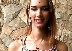 Beautiful bikini wearing blonde t-girl receives an outdoor anal drilling