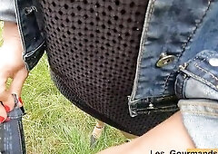 My stepmom jerks my penis in the fields and empties it in her ebony strap in advance of coming home