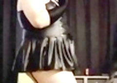 lush Femboy taunts in highly Short Leather Lingerie Dress