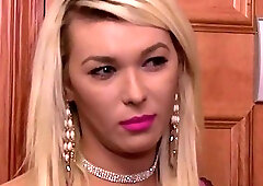 Blonde shemale gets fucked by a dude in their bed