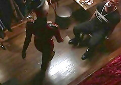 Short-haired ladyboy in latex suit fucks tied up bruiser