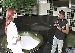 Horny Stud Penetrates Juicy Shemale with Flaming Auburn Hair in the Bathroom