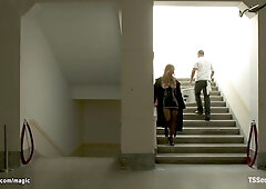 Large melons golden-haired t-girl porn star Johanna B gets shoot canceled and that babe brings maintenance chap John Jammen in dungeon and anal bangs 