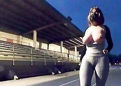 Hawt crossdresser flashed to an old stud at the track field