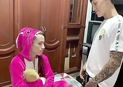 I pound my trans buddy's tight booty until I creampie it