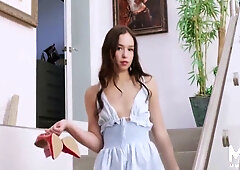 Young brunette in blue lingerie takes control with bold revenge blowjob