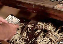 Small tits ebony Skin Diamond and big tits redhead Krissy Lynn brought by hogtie crew in Las Vegas motel and tied group fucked in various positions