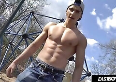 Sexy muscle guy Jared Shaw does a sensual striptease