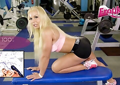 German blonde takes on multiple men in a sweaty gym gangbang party