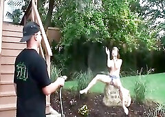 See teen Kasia sprayed on now! - Soaked, Topless, Soft Core Porn Topless Kasia sprayed with a garden pantyhose.