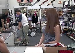 Sexy brunette kneels down to suck Shawns cock for money