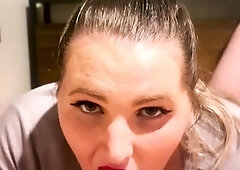 Femdom vixen takes caged cock in her mouth for hot blowjob