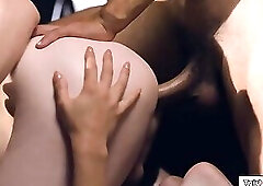 Small tits tgirl Natalie Mars barebacked as she rims a girl