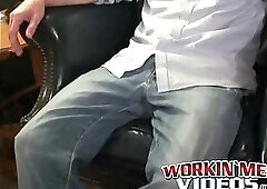 Amateur shows off his hairy cock in an interview and jerks