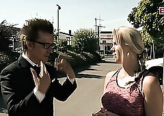 German blonde milf flirts with man and seduces him to sauna sex