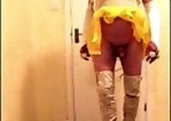 White haired slut in yellow dress