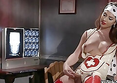 Beautiful tranny nurse  receives a blowjob and fucks her patient