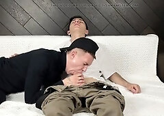 Twink couple Ethan Lestray and Max Gen give each other blowjobs and anal pleasure