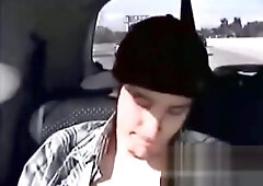 teen 18+ boy jerking in a car on highway, cums and smiles
