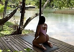 Like a precious married floozy, I did yoga by the lake wearing a swimsuit that was totally wedged in my twat.