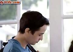 Inked greedy babe gets cuntfucked in front of busty MILF