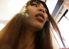 Slender ladyboy gets booty plugged by white penis