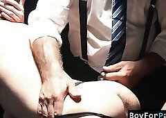 Two Masters Measure the Slave's Erection Before Tag Teaming His Ass and Mouth