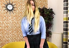 Blonde babe Denise K in yellow panties jerks cunt