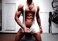 Muscular guy enjoys wet workout scene