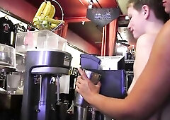 1st time youthful clerk tempted in a bakery by the lesbo boss and banged behind the counter