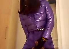 Jess silk riding dildo in purple satin dress and skiny purple jacket with red wig