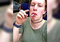 Cute Ladyboy Smokes and Masturbate in Public!