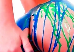 Busty girl in bod paint is taunting on
