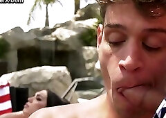 TS sluts barebacked in outdoor orgy at the swimming pool