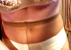 Masturbating nylon cock in Trekplejster satin pantyhose