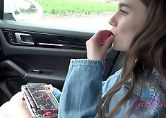 Sia Wood gives a deep throat blowjob in the car with hairy armpits and pussy on display