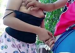 Outdoor fun in the jungle featuring hijab-wearing maid with a focus on pussies