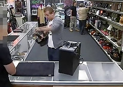 Blonde jock goes to the back of the shop to service a dungeon master